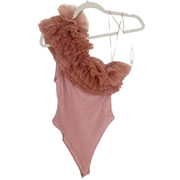 Zara Beige Pink One Shoulder Ruffled Tulle Bodysuit Bloggers Fave Small - Picture 3 of 11